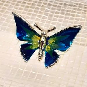 Small Blue Butterfly Brooch Silver Tone Pin Cottagecore